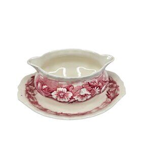 Grindley Trellis Red Transferware Gravy Boat Attached Underplate